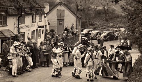 Morris dancers outside the Shepherd and Dog in 1945