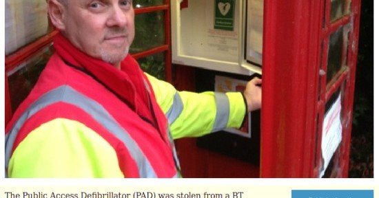 Defibrillator stolen from telephone box