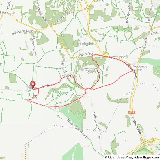 Map of MTB route - Fulking-Newtimber Hill-Pyecombe loop