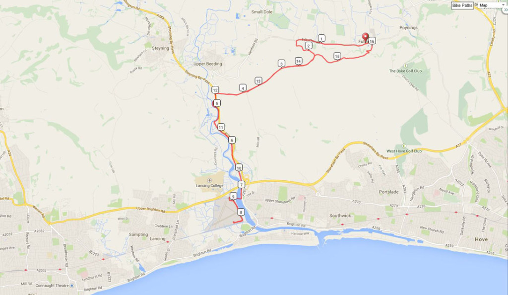 Map of Fulking to Shoreham MTB route