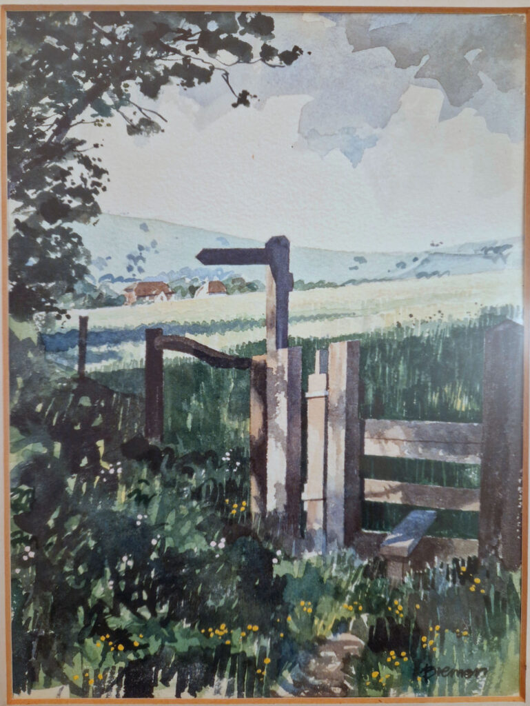 Watercolour - view from stile across meadow southwest towards Downs