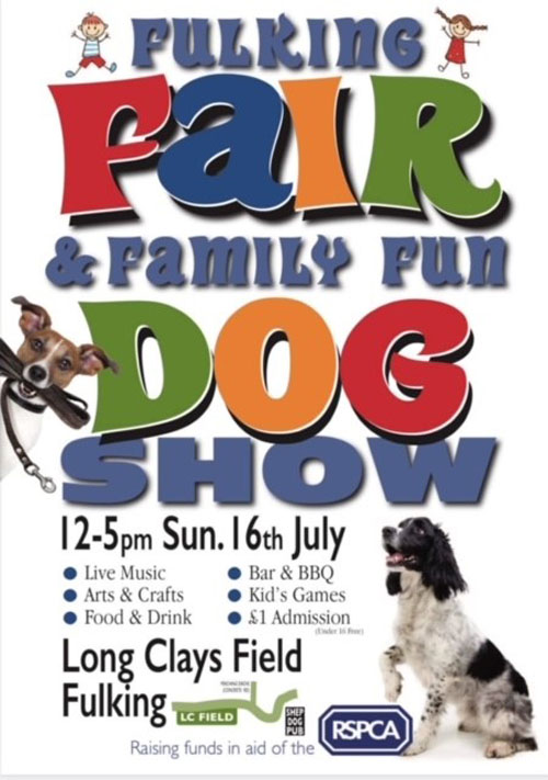 Poster for Fulking Fair 2023. 16th July 12-5 Long Clays Field. Fair and Dog show in colourful characters with pictures of dogs