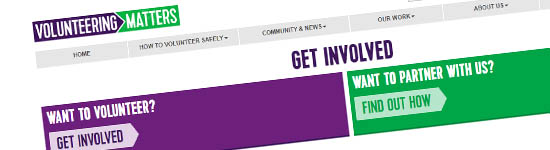Purple and Green banner clip from Volunteering matters website at an angle