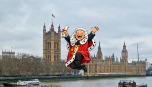 Cartoon image of Lord leaping with palace of Westminster in background. Cartoon AI generated.